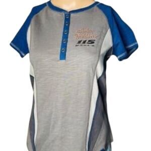 NWT Harley Davidson Tee Women Small 115TH Anniversary Moto Biker Mesh Inset Blue